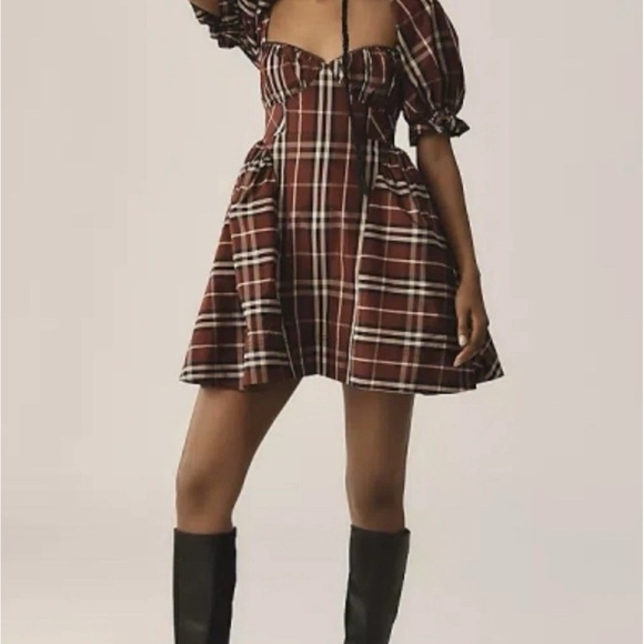 Maeve Dresses & Skirts - NWT Anthropologie Maeve Red Tartan Plaid Puff‎ Sleeve Mini Dress Size L